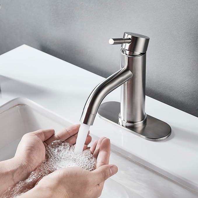 Single Hole Bathroom Sink Faucet Brushed Nicke, Modern Single Handle Bathroom Faucet Commercial Stainless Steel Basin Faucet with Drain