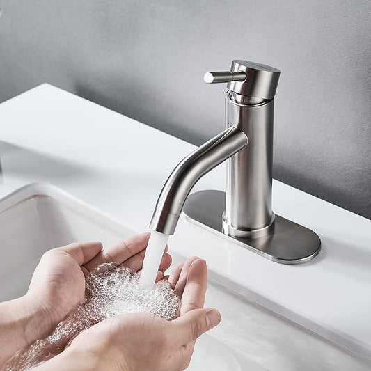 Single Hole Bathroom Sink Faucet Brushed Nicke, Modern Single Handle Bathroom Faucet Commercial Stainless Steel Basin Faucet with Drain