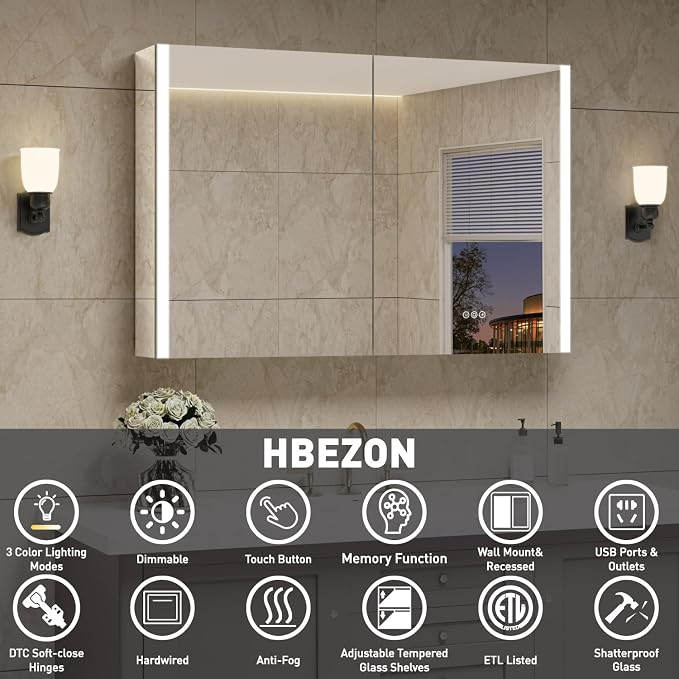 48 x 32 Inch Medicine Cabinet with Mirror and LED Light for Bathroom | Recessed, Wall-Mounted, Dimmable, Anti-Fog, Memory Function, 3 Color Mode, Outlet&USB, Adjustable Shelf, ETL Listed, Aluminum