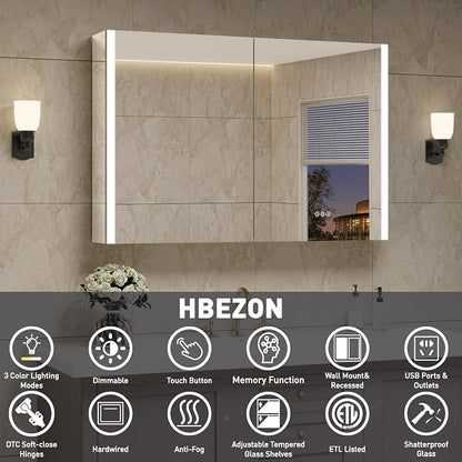 48 x 32 Inch Medicine Cabinet with Mirror and LED Light for Bathroom | Recessed, Wall-Mounted, Dimmable, Anti-Fog, Memory Function, 3 Color Mode, Outlet&USB, Adjustable Shelf, ETL Listed, Aluminum