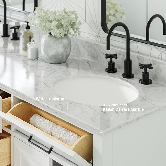 ARIEL Hepburn 66-inch Bathroom Vanity with Sink,Solid Wood, 0.75-inch Italian Carrara Marble Countertop & Backsplash, Double Oval Porcelain Sink, 4 Soft Closing Doors, 6 Dovetail Drawers, White