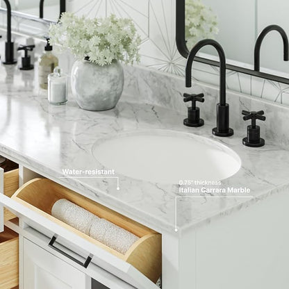 ARIEL Hepburn 66-inch Bathroom Vanity with Sink,Solid Wood, 0.75-inch Italian Carrara Marble Countertop & Backsplash, Double Oval Porcelain Sink, 4 Soft Closing Doors, 6 Dovetail Drawers, White