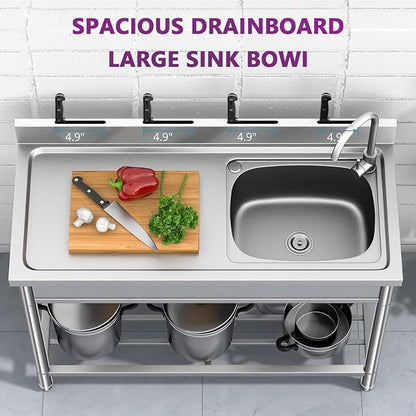 Garvee Stainless Steel Utility Sink, Commercial Kitchen Single Bowl Sink with Cold and Hot Water Faucet, Hoses and Drain Kit, Storage Shelf for Kitchens, Bathrooms, Garage, Laundry Room