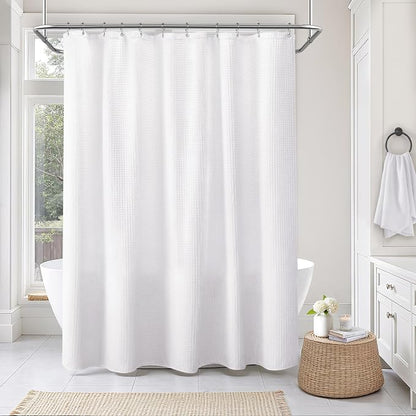 Waterproof Waffle Weave Shower Curtain - White Cotton Fabric Texture Heavyweight Shower Curtain for Bathroom,Washable,72Wx72L