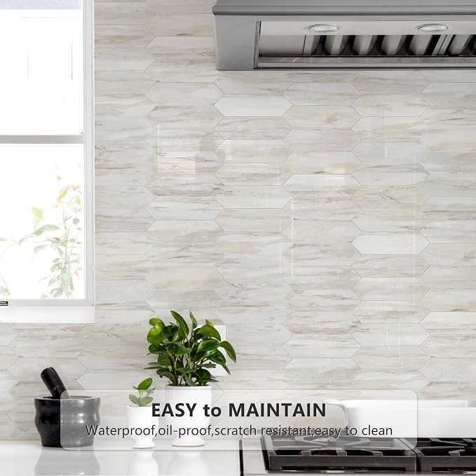 Vamos Tile 1 Sheet Glossy Wood Marble Grain Backsplash Tile Peel and Stick, 12.8 x 12.8 Inch Long Hexagon PVC Self Adhesive Mosaic Wall Tiles Stick on Backsplash for Kitchen,Bathroom,Fireplace