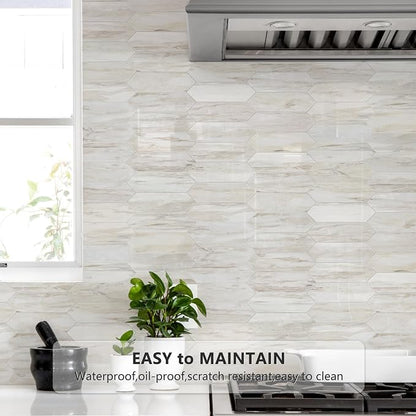 Vamos Tile 1 Sheet Glossy Wood Marble Grain Backsplash Tile Peel and Stick, 12.8 x 12.8 Inch Long Hexagon PVC Self Adhesive Mosaic Wall Tiles Stick on Backsplash for Kitchen,Bathroom,Fireplace