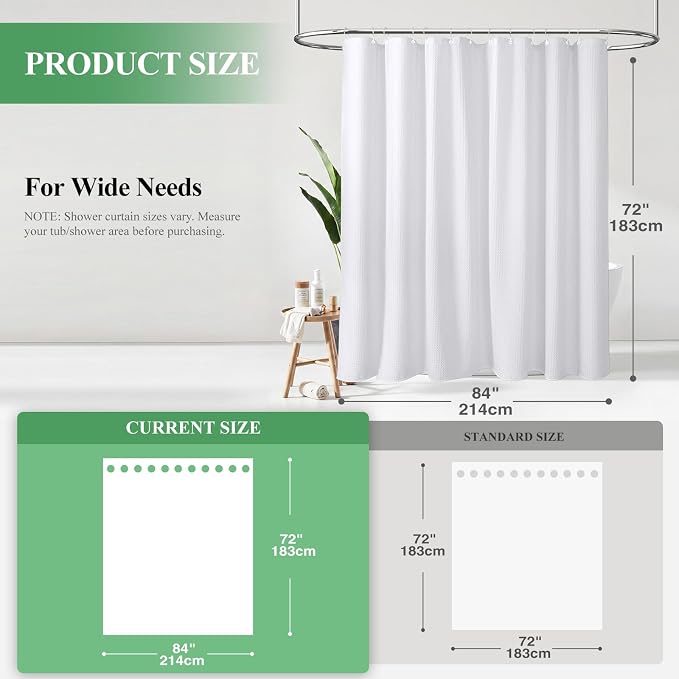 Extra Wide Waffle Shower Curtain 256 GSM Fabric 84x72 White | 84 Inch Wide, Thick Cloth, Weighted Hem, Water Repellent, Hotel Luxury Polyester Shower Curtain Set for Bathroom 14 Hooks