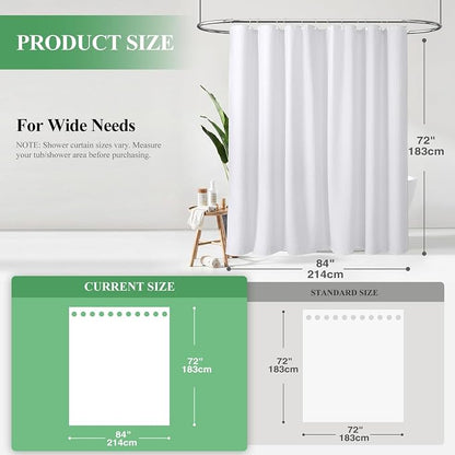Extra Wide Waffle Shower Curtain 256 GSM Fabric 84x72 White | 84 Inch Wide, Thick Cloth, Weighted Hem, Water Repellent, Hotel Luxury Polyester Shower Curtain Set for Bathroom 14 Hooks