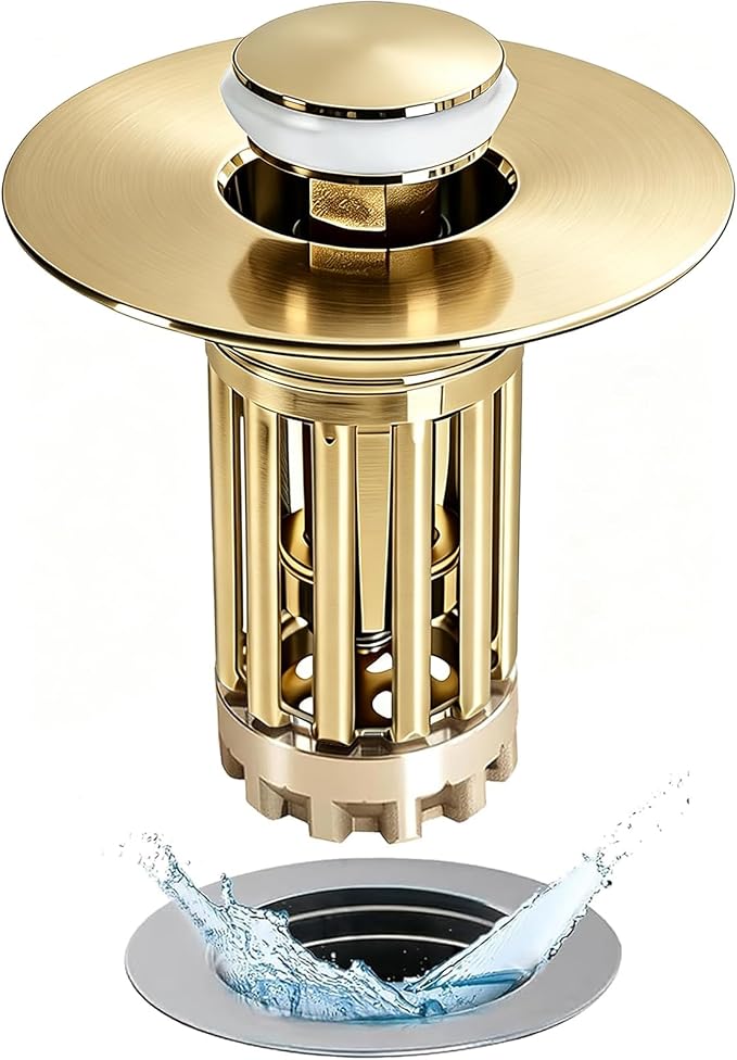 Anlige 3 in 1 Pop Up Bathroom Sink Stopper, Bathroom Sink Drain Strainer with Removable Basket Hair Catcher, Universal Sink Plug Cover for 1.06 in to 1.6 in Drain, Brushed Gold