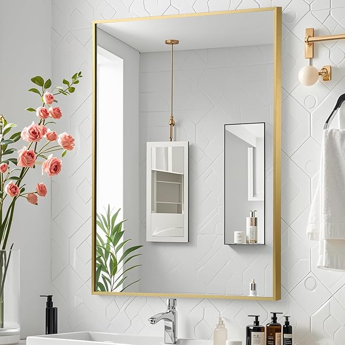 Gold Bathroom Mirror, 22"x30" Rectangle Mirror, Brushed Gold Mirror, Metal Frame Square Corner Vanity Mirror, Wall Mounted Mirror for Modern, Living Room, Bedroom, Horizontal Or Vertical