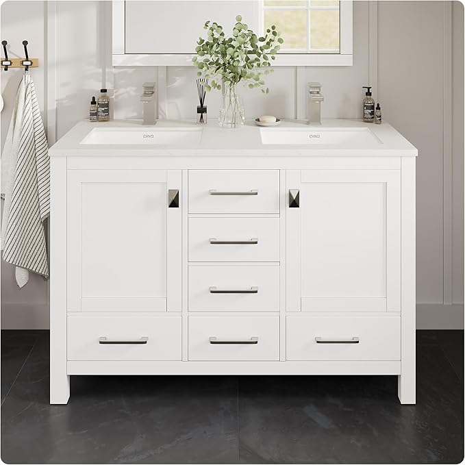 Eviva London 54 in. White Double Sink Bath Vanity with Carrara Quartz Top and Undermount Porcelain Sinks