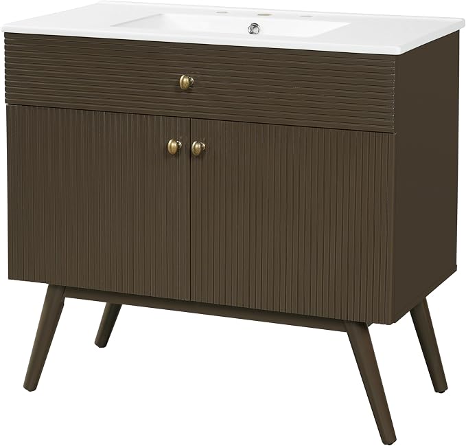 36 Inch Luxury Striped Dark Brown Vanity with Premium Ceramic Sink, Modern Bathroom Storage Cabinet with Soft-Close Dual-Door Storage, Freestanding Sink Vanity for Space Saving (Dark Brown, 36")
