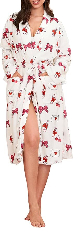 Women Fleece Fruit Print Robe Cute Robes for Women Spring Summer Lightweight Bathrobe Soft Flannel Gown with Belt