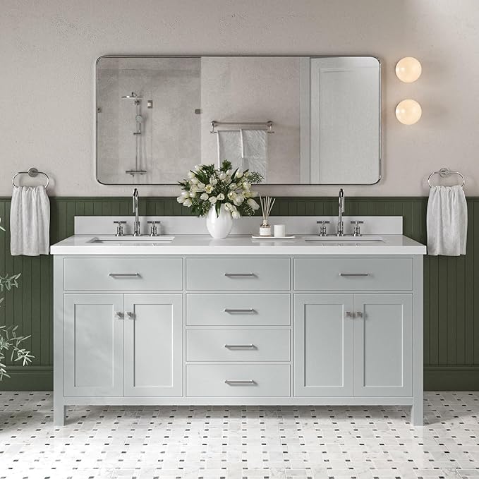 DKB Alenza 72 Inch Bathroom Vanity Double Sink — Grey Bathroom Vanity with Sink, 1.5" Edge Pure White Quartz Countertop & Backsplash, 4 Soft-Close Doors, 4 Dovetail Drawers