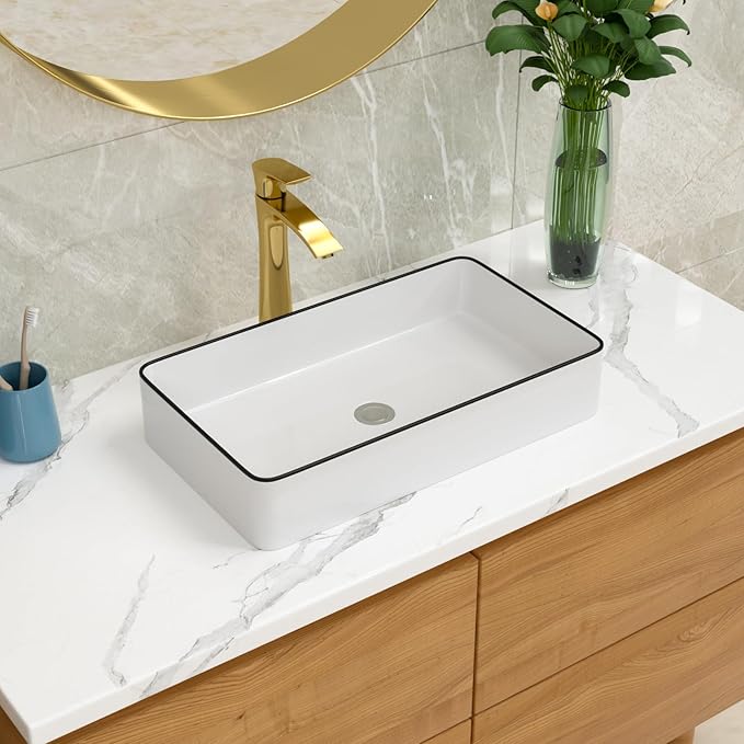 Lordear Rectangular Bathroom Vessel Sink 24x14 Inches White Bathroom Sinks 24 Inch with Black Rim Ceramic Sink Above Counter Lavatory Vanity