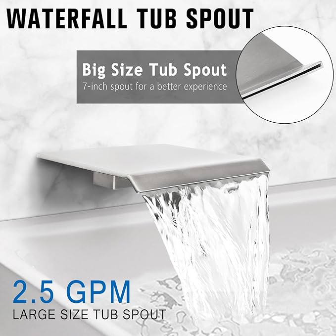10 Inch Rainfall Shower System with Tub Spout - Wall Mounted Complete Combo with Solid Brass Pressure Balancing Valve, High Pressure Shower Head, Handle Set & Installation Accessories Brushed Nickel