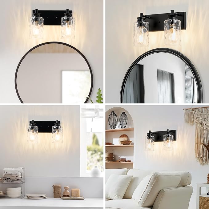 2 Light Bathroom Vanity Light Modern Black Bathroom Light Fixtures Over Mirror with Hammered Glass Lampshade for Kitchen Hallway