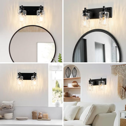 2 Light Bathroom Vanity Light Modern Black Bathroom Light Fixtures Over Mirror with Hammered Glass Lampshade for Kitchen Hallway