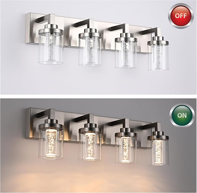 MELUCEE 4-Light LED Bathroom Lighting Fixtures Brushed Nickel 3000K-6000K | Dimmable LED Vanity Light for Bathroom 5CCT Bubble Crystal Bath Wall Lights with Clear Glass Shade, Built-In Led Chips