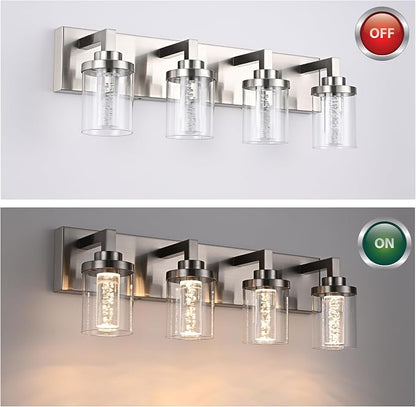 MELUCEE 4-Light LED Bathroom Lighting Fixtures Brushed Nickel 3000K-6000K | Dimmable LED Vanity Light for Bathroom 5CCT Bubble Crystal Bath Wall Lights with Clear Glass Shade, Built-In Led Chips