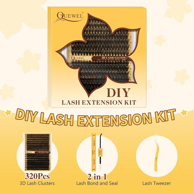 QUEWEL Lash Clusters Kit, 320Pcs 60D+80D Lash Cluster Eyelash Extensions | 12-18mm Lash Clusters Kit with Lash Bond and Seal and Lash Tweezers Easy DIY at Home(60+80D 3D Kit)