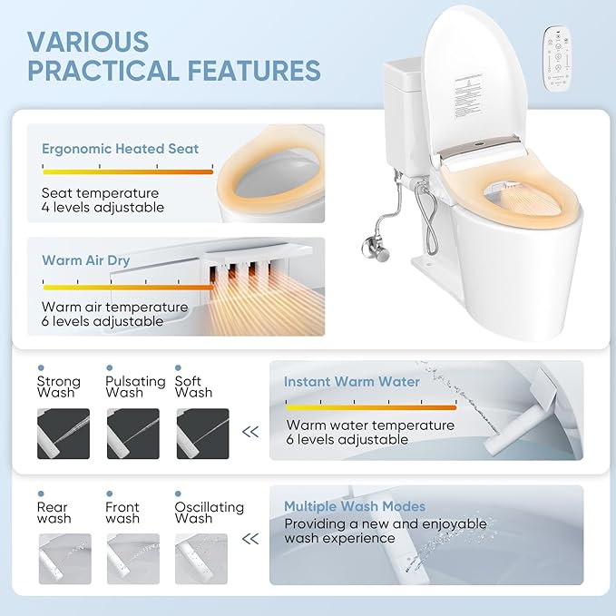 LEIVI Electric Bidet Toilet Seat with Wireless Remote and Side Panel, Multiple Spray Modes, Adjustable Heated Seat, Warm Water and Air Dryer, Auto LED Nightlight, Elongated