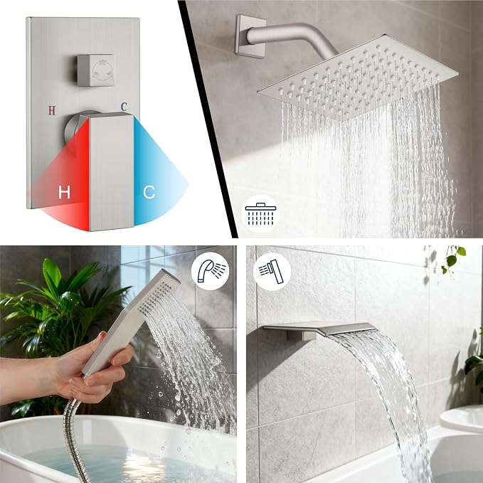 Midanya Shower System with Tub Spout,8 Inch Shower Head,Brushed Nickel | with Valve & Trim Kit,Square Rain Head,Handheld Sprayer,Waterfall Spout,All Metal Wall Mount Bathroom Shower Tub Faucet Set