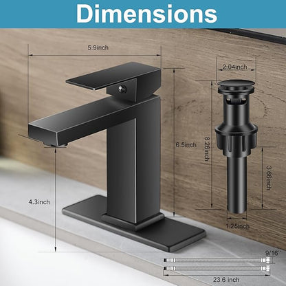 Bathroom Faucet 1 Hole Black Single Hole Bathroom Faucet Single Handle Faucet for Bathroom Sink Vanity RV (with Pop-up Drain and Deck) Suitable for 1 Hole or 3 Hole