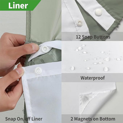 eachope no Hook Shower Curtain and Liner Set，Boho Style with See Through Top Window, SageGreen Fabric Tufted Striped Textured Outer Curtain & Waterproof Inner Liner, SageGreen, 71Wx77H