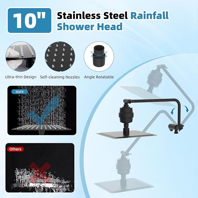 10" Metal Filtered Shower Head with 10-Mode Handheld, Matte Black | NSF/ANSI/CAN 372 Certified, High Pressure Showerhead Combo, 20 Stage Shower Filter, 11" Shower Arm, 71" Hose, Shower Holder