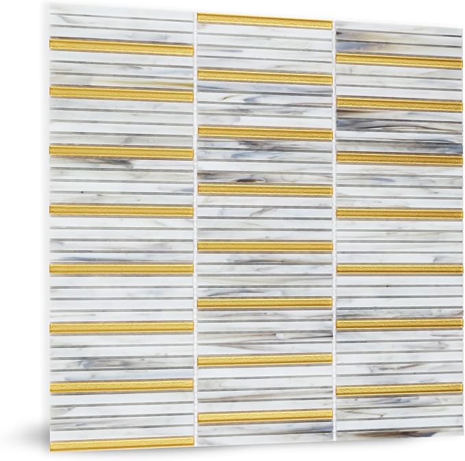 Glass Backsplash Mosaic Tile Gold White 5 sq.ft | Dazzling 12 x 12 Inch for Kitchen Backsplash Bathroom and Shower 5-Pack