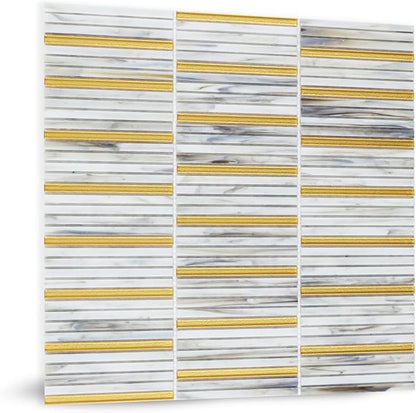 Glass Backsplash Mosaic Tile Gold White 5 sq.ft | Dazzling 12 x 12 Inch for Kitchen Backsplash Bathroom and Shower 5-Pack