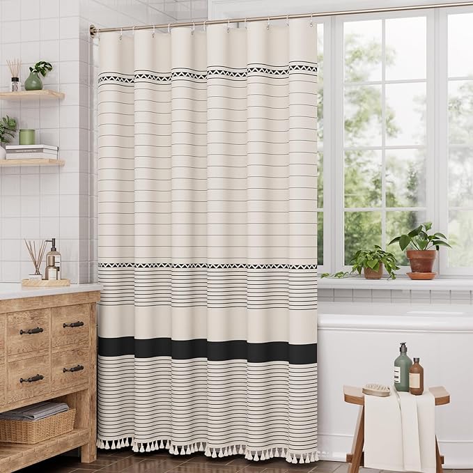AmazerBath Boho Shower Curtain, Modern Farmhouse Shower Curtain Set with Tassels, Rustic Faux Linen Black Striped Shower Curtain with Hooks, Light Tan Toned, 72x72 Inches