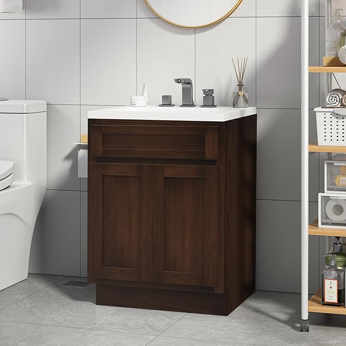 HomeBeyond 24 Inch Bathroom Vanity Base Only, Single Vanity Cabinet with Double Soft Closing Door, Composable Floor Mount Cabinets Without Top, Rustic Brown