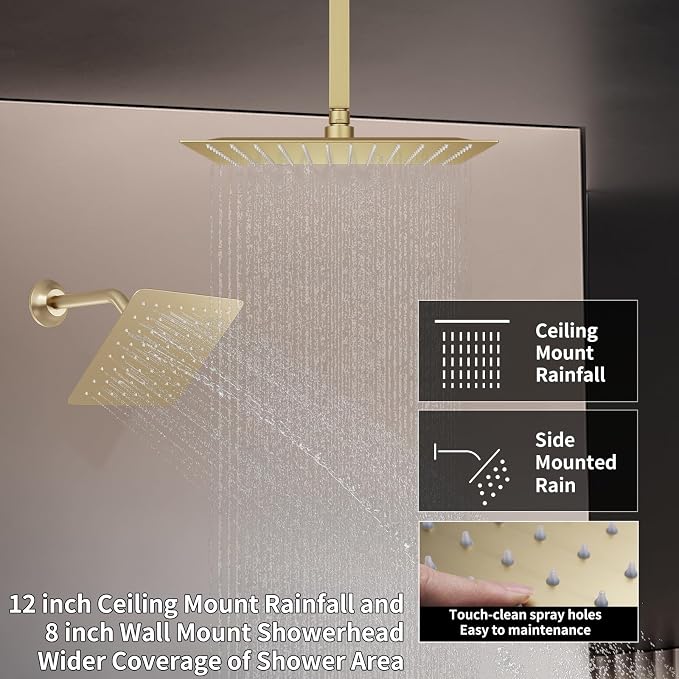Shower Faucet Set Brushed Gold Shower System with 2 Rain Shower Head(12+8 inch) and Handheld Spray, 3 Function Temperature Display Shower