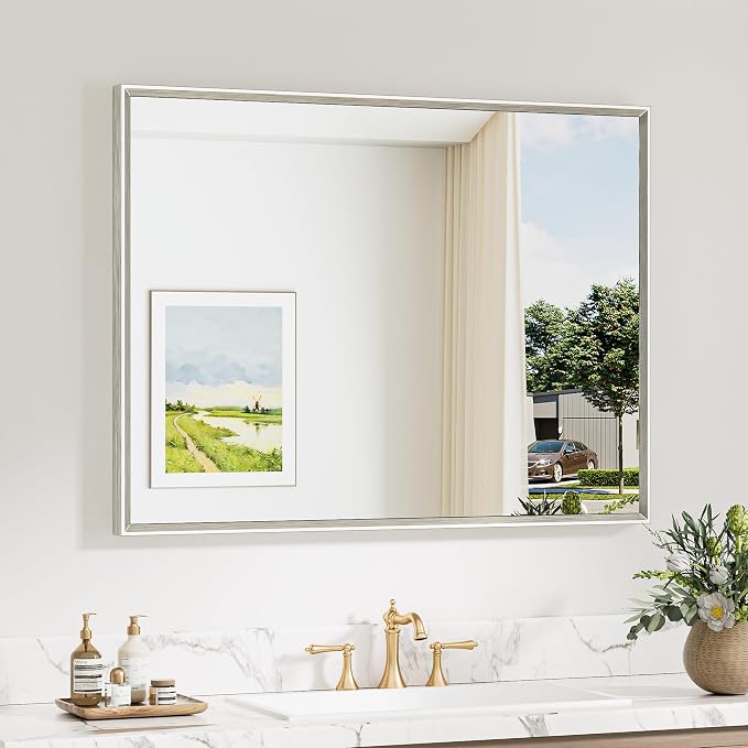 Keonjinn 40 x 30 Inch Brushed Nickel Bathroom Mirrors for Over Sink | Metal Frame, Rectangular Mirrors for Wall, Anti Rust, Rustic Bathroom Vanity Mirror, Safety HD Tempered Glass, Square Corner