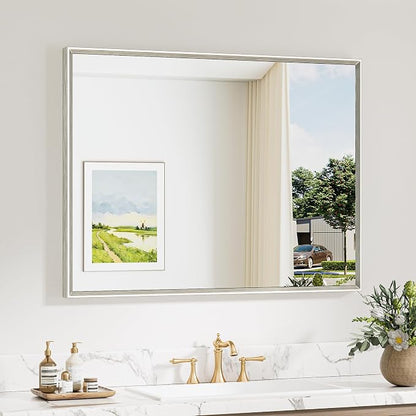 Keonjinn 40 x 30 Inch Brushed Nickel Bathroom Mirrors for Over Sink | Metal Frame, Rectangular Mirrors for Wall, Anti Rust, Rustic Bathroom Vanity Mirror, Safety HD Tempered Glass, Square Corner