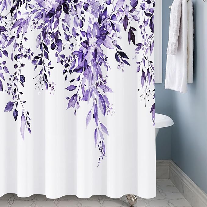 Shower Curtain,Purple Eucalyptus Shower Curtains for Bathroom,Watercolor Leaves Bathroom Curtains Washable Waterproof Leaf Shower Curtain Sets Botanical Shower Curtain Plants 72x72 with Hooks