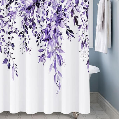 Shower Curtain,Purple Eucalyptus Shower Curtains for Bathroom,Watercolor Leaves Bathroom Curtains Washable Waterproof Leaf Shower Curtain Sets Botanical Shower Curtain Plants 72x72 with Hooks