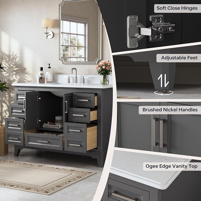 48 Inch Fully Assembled Bathroom Vanity with Sink, Grey | Solid Wood, Quartz Top & Backsplash, Soft-Close Doors, Dovetail Drawers, Large Storage, Modern Farmhouse Bath Upgrade