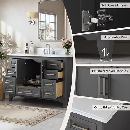 48 Inch Fully Assembled Bathroom Vanity with Sink, Grey | Solid Wood, Quartz Top & Backsplash, Soft-Close Doors, Dovetail Drawers, Large Storage, Modern Farmhouse Bath Upgrade