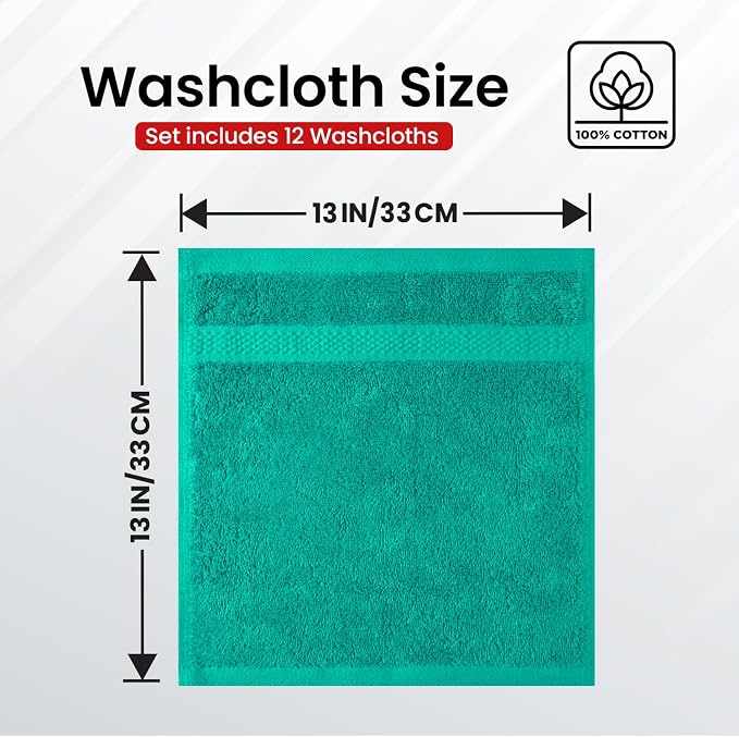 Infinitee Xclusives 100% Cotton Luxury Wash Cloths for Showering - 12 Pack | Washcloths [13x13] - Soft and Absorbent Face Towels for Bathroom Wash Clothes - Gym, Spa & Hotel Use