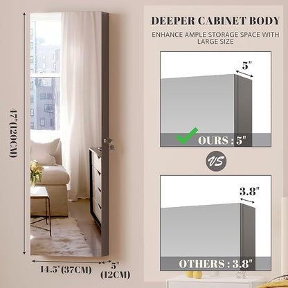 Vlsrka 47.2" Jewelry Armoire Organizer, Wall/Door Mounted Jewelry Cabinet | Built-in LED Mirror, Large Lockable Hanging Full Length Mirror with Jewelry Storage, 4 Drawers, 5 Shelves for Women, Gray