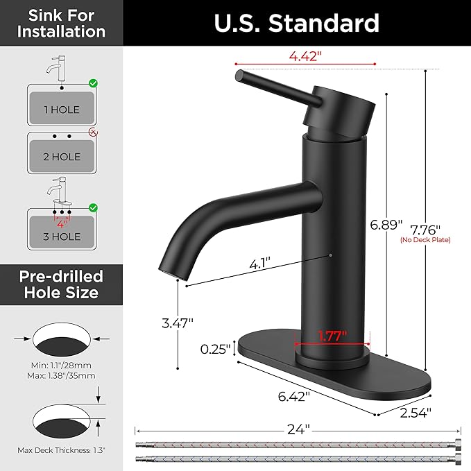 FORIOUS Bathroom Faucet 1 Hole, Black Single Handle Vainty Sink Faucets | for 1 or 3 Hole 4 Inch Centerset Sink, with Pop-up Drain, NSF61 Certificate, for Rv Commercial Lavatory Restroom Basin