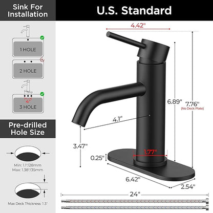 FORIOUS Bathroom Faucet 1 Hole, Black Single Handle Vainty Sink Faucets | for 1 or 3 Hole 4 Inch Centerset Sink, with Pop-up Drain, NSF61 Certificate, for Rv Commercial Lavatory Restroom Basin