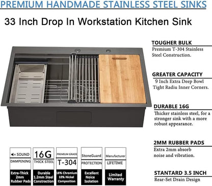 33x22 Black Drop In Kitchen Sink, 33 Inch Topmount Gunmetal Black Stainless Steel Single Bowl Overmount Double Ledges Workstation Sink with Accessories