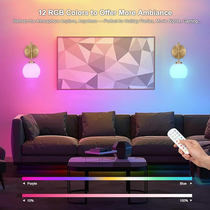Gold Battery Operated Wall Sconce Set of 2, Wireless Rechargeable Sconces Wall Lighting with Remote Control, LED Dimmable Wall Lights with Opal White Glass Shade, 12 Colors RGB & 3 CCT Bulb