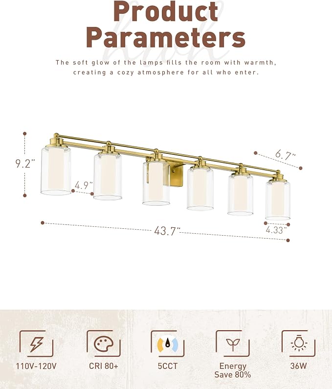 HWH Bathroom Vanity Light Fixtures 6-Light, Brushed Gold, 5HLT63B-6W-LED BG | Dimmable, 5CCT, 36W, Vanity Light Over Mirror, Brass Wall Vanity Lights, Bathroom Light, Metal Fixture Body, For Hallway