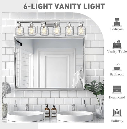 zeyu 6-Light Bathroom Wall Light Fixture, 42 Inch Modern Nickel Vanity Lighting Fixtures for Bedroom, Brushed Nickel Finish with Clear Hammered Glass, ZJF63B-6W BN