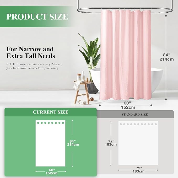 Stall Waffle Shower Curtain 256 GSM Heavy Fabric 60x84 Pink | 60 x 84 Inch Long, Thick Cloth, Weighted Hem, Water Repellent, Hotel Luxury Polyester Shower Curtain Set for Bathroom 10 Hook